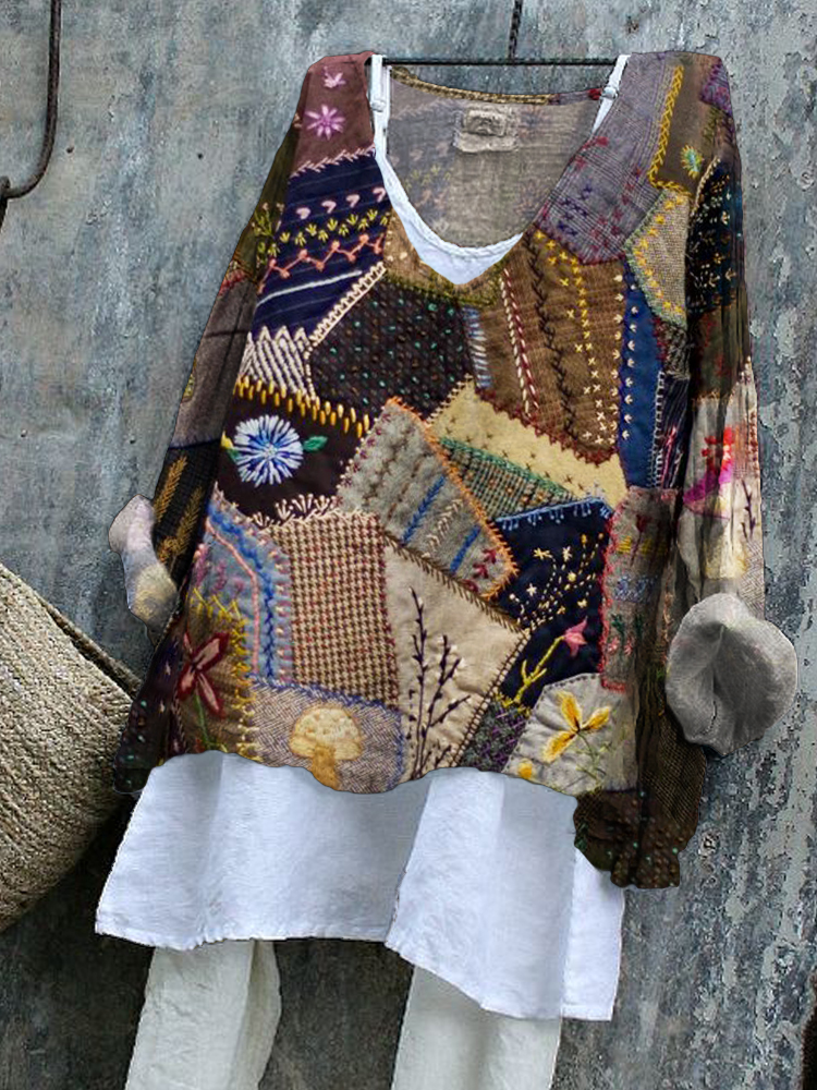 Geometric Stitching Pattern Vintage Women's Linen Shirt