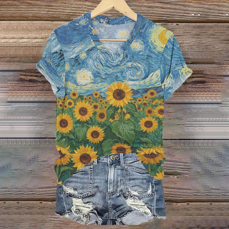 Retro Ukrainian Sunflower In Starry Night We Standing Together Art Pattern Casual T Shirt