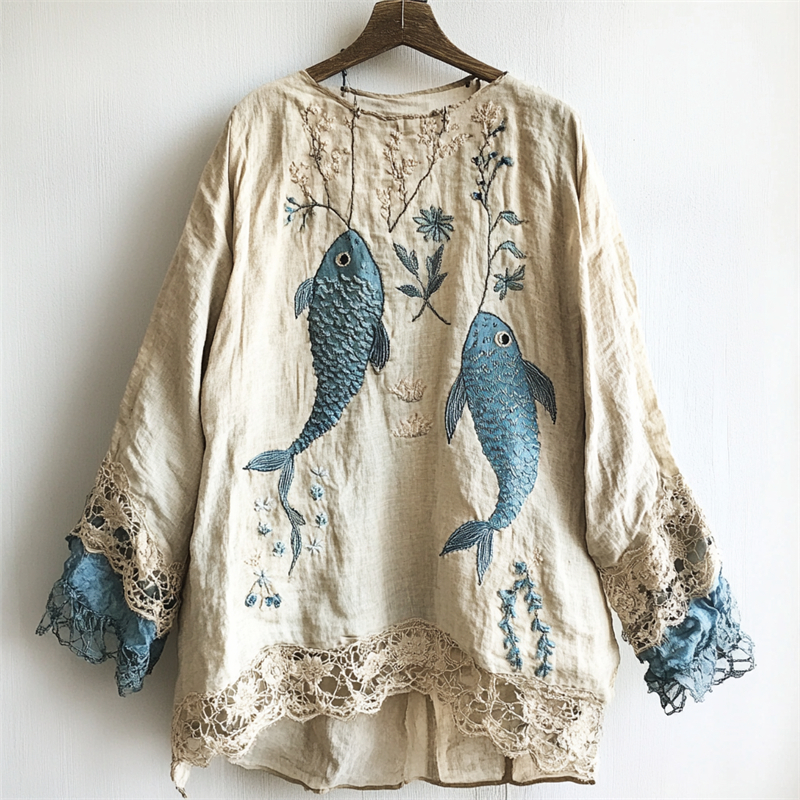 Carp Fish Embroidered  Lace Hem Linen Blend Tunic