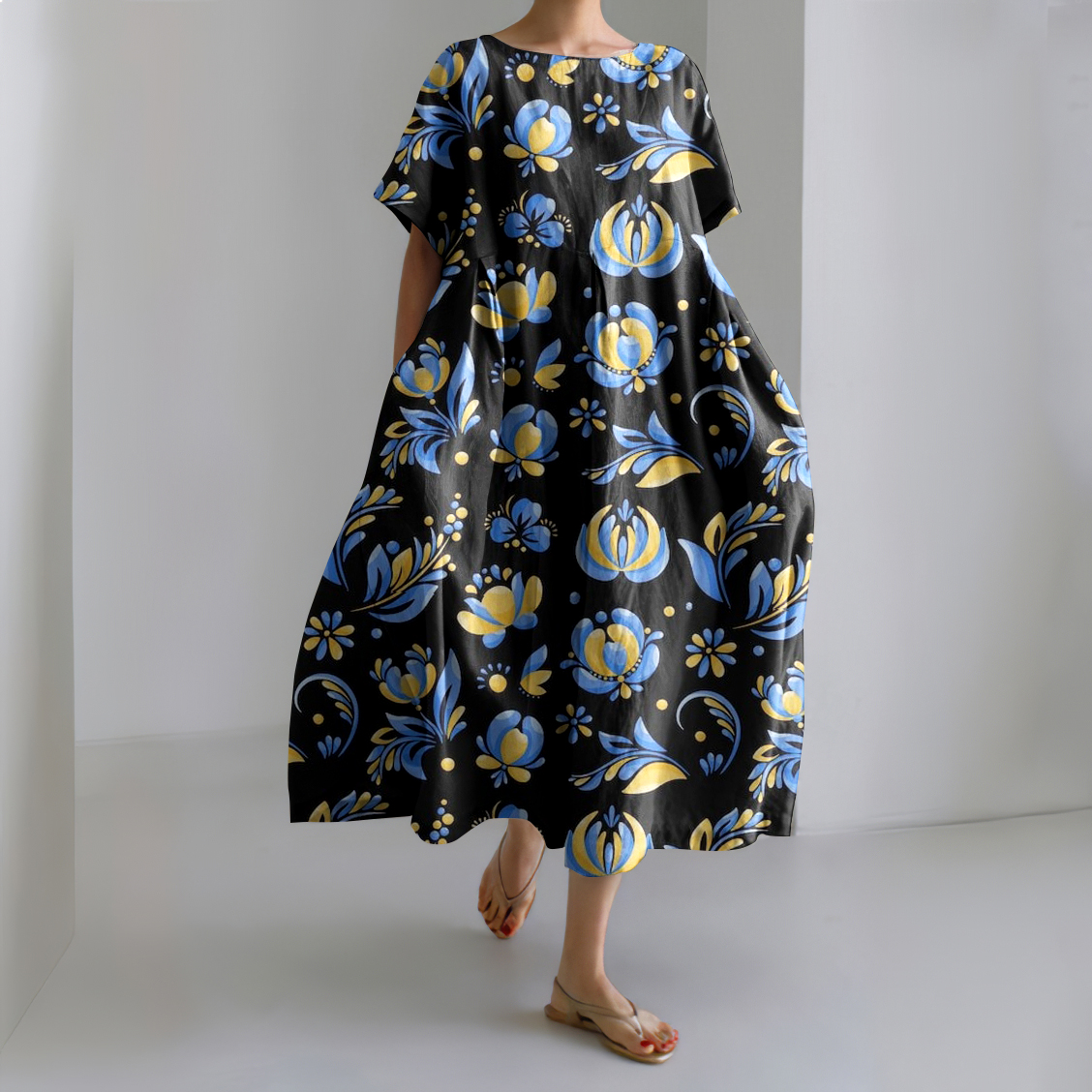 Ukrainian Vintage Flower Art Pattern Linen Blend Maxi Dress