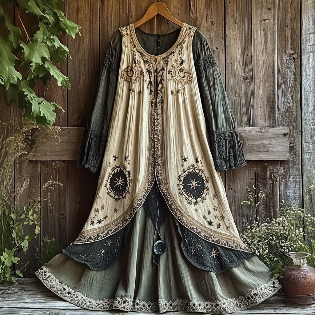 Women's Retro Tribal Star And Moon Splicing Cotton And Linen Long Dress