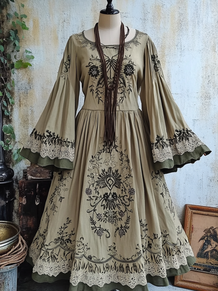 Women's Vintage Tribal Viking Patchwork Maxi Dress