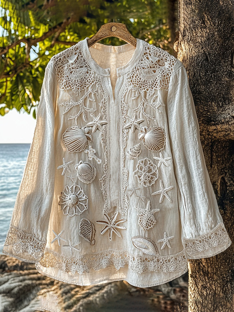 Holiday Ocean Shells Starfish Embroidered Lace Art Linen Blend Shirt