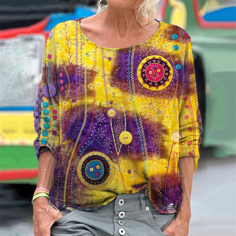 Button Embroidered Floral Women's Vintage Linen Shirt