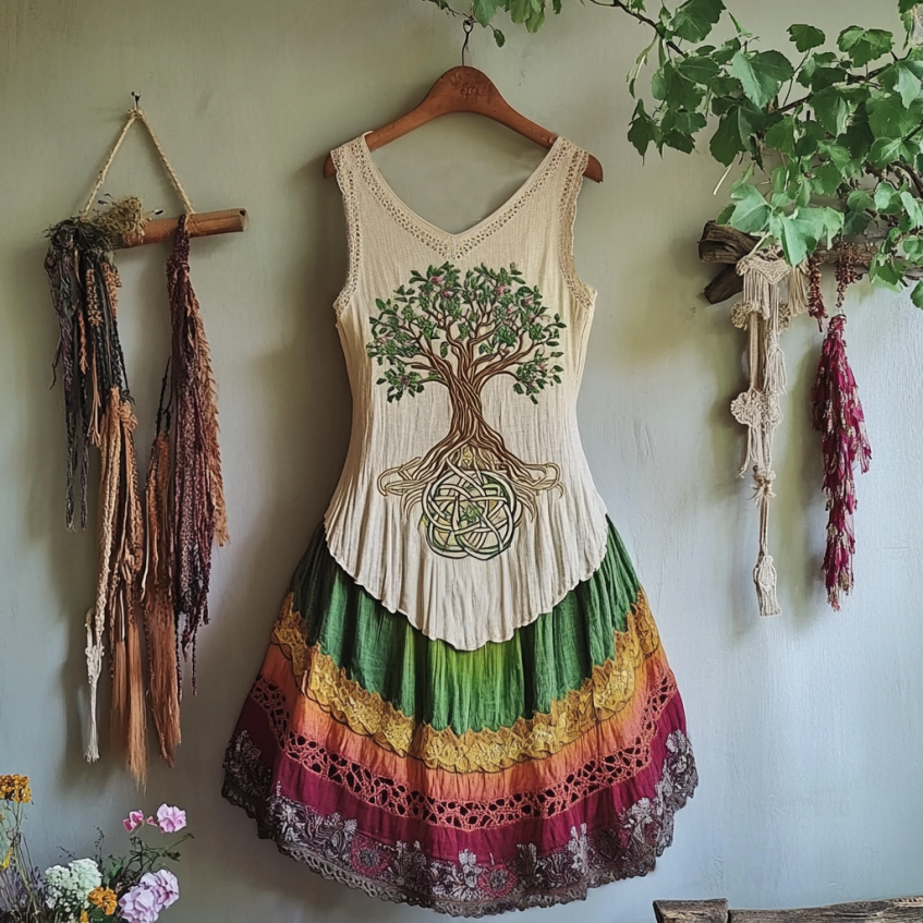 Vintage Tribal Celtic Knot Life Of Tree With Rainbow Patchwork Art Linen Tank Dress