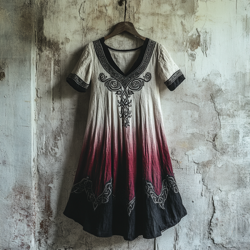 Bohemian Viking Tribal Celtic Knot Gradient Embroidery Art Linen Round Neck Midi Dress