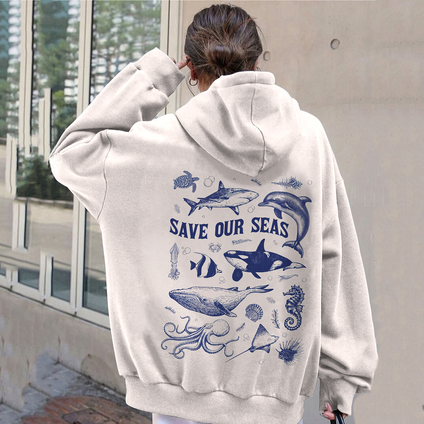 Save Our Sea Pattern Casual Hoodie