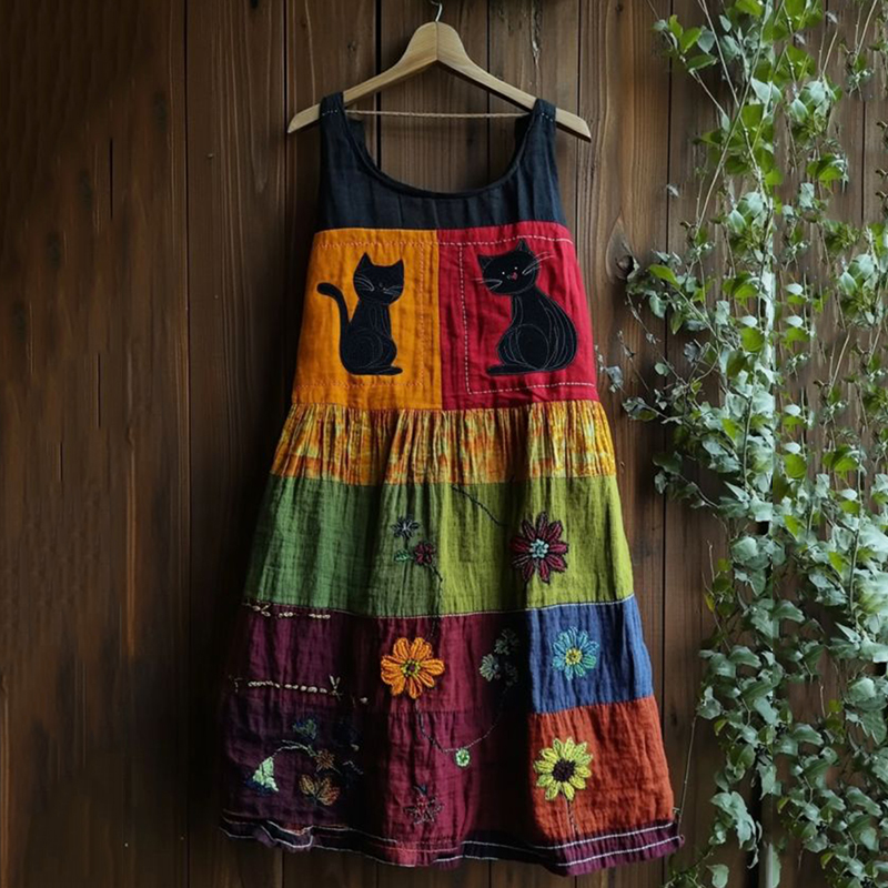Vintage Black Cat Peeking With Floral Patchwork Art Linen Tank Dress