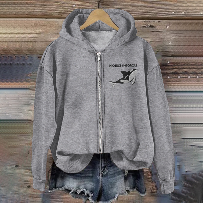 Protect The Orcas Pattern Zip Up Hoodie
