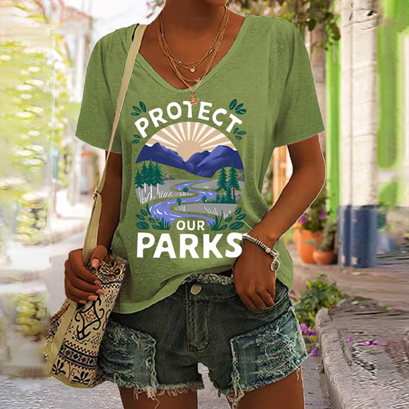 Women's Protect Our National Parks Print V Neck Casual T-shirt