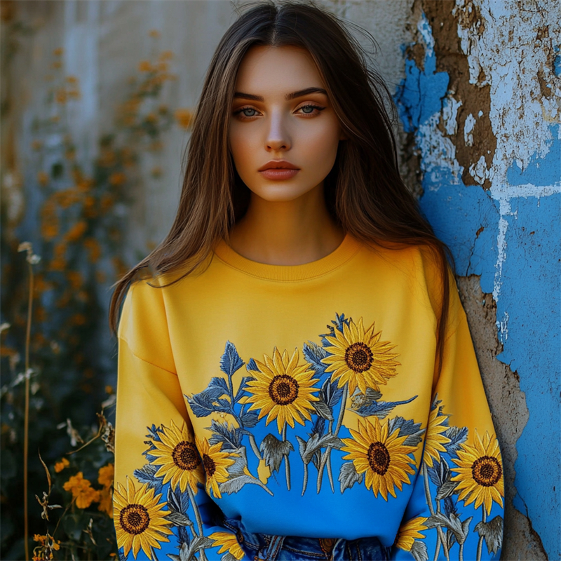 Sunflowers Embroidered Ukraine Contrast Color Sweatshirt