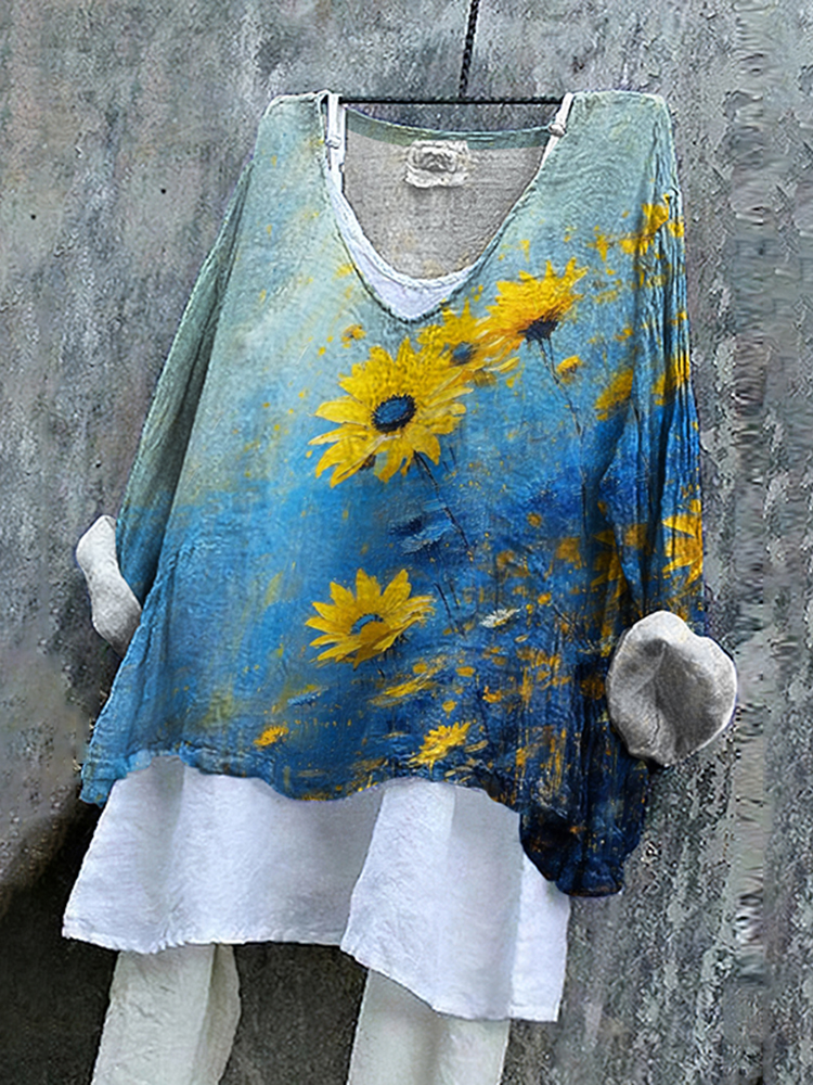 Ukrainian Flag In Floral Oil Art Stop Ukr War Print Linen Women's V-neck Shirt