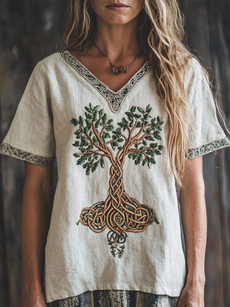 Viking Tree Of Life Embroidered V Neck Linen T Shirt
