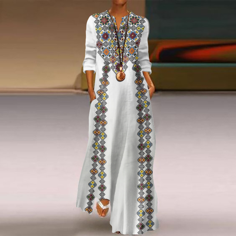 Vintage Ukraine Embroidered Art Print V-neck Casual Maxi Dress