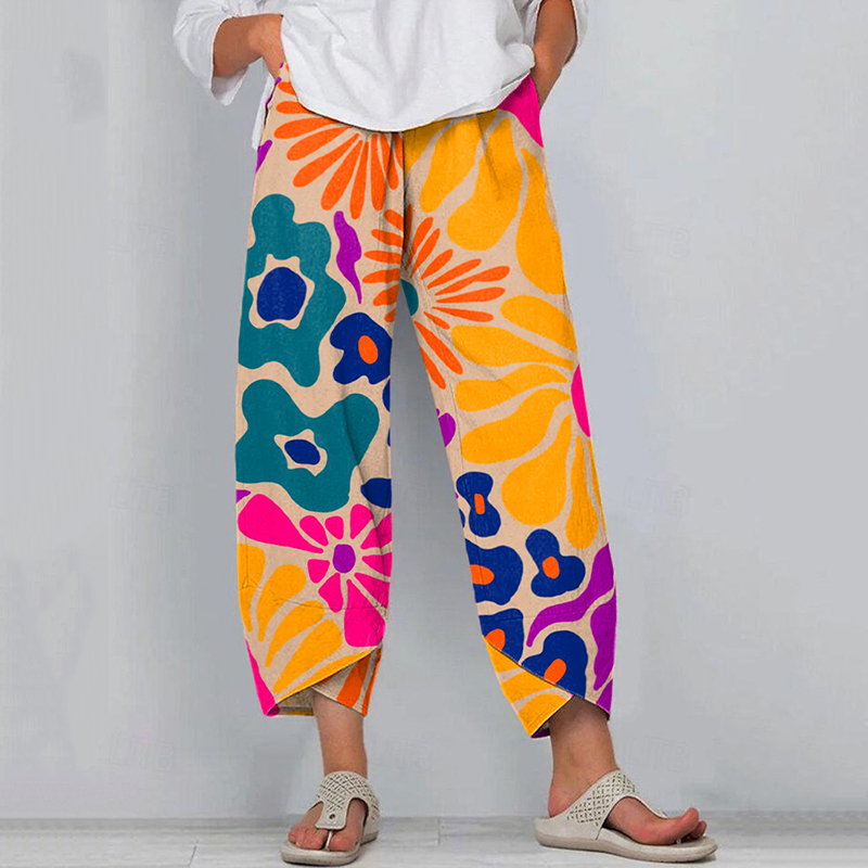 Women's Abstract Art Floral Print Linen Blend Pants