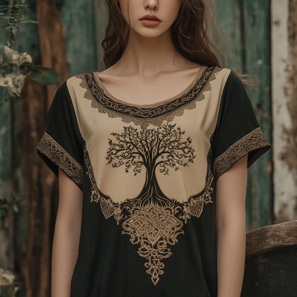 Vintage  Tribal Tree Of Life Print Crew Neck Casual T-shirt