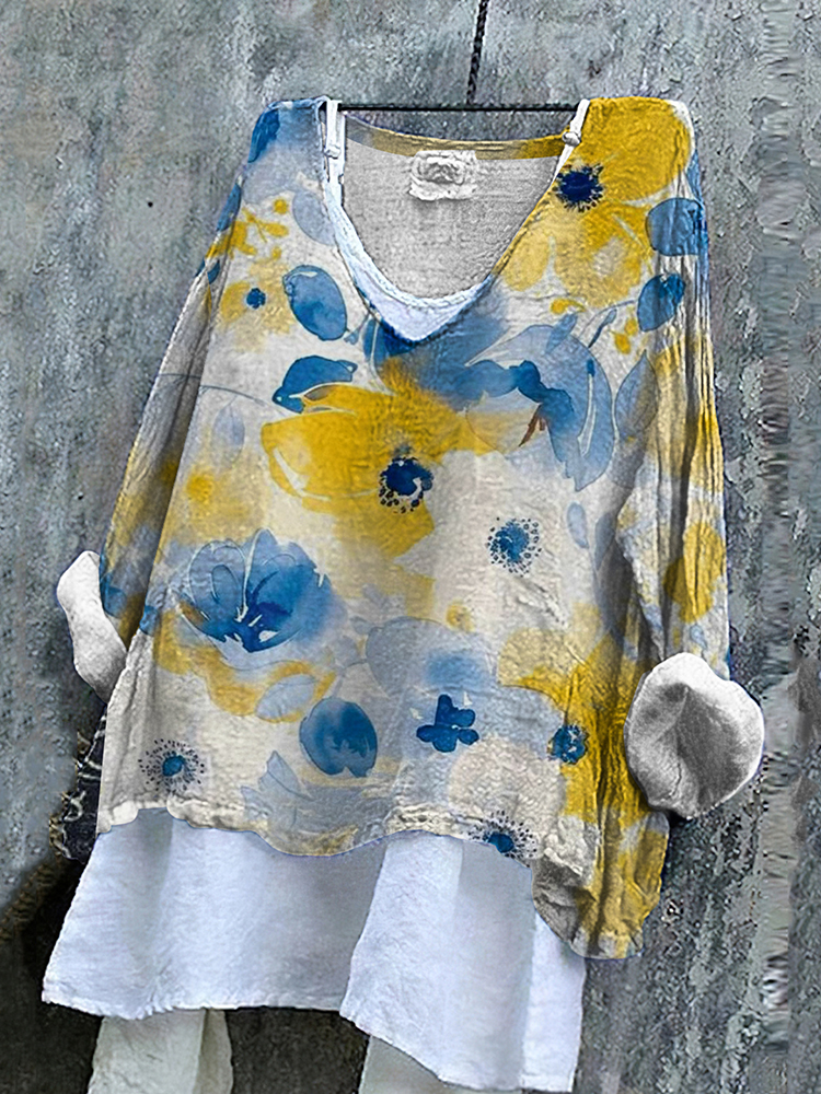 Ukrainian Floral Print Linen Women's V-neck Shirt
