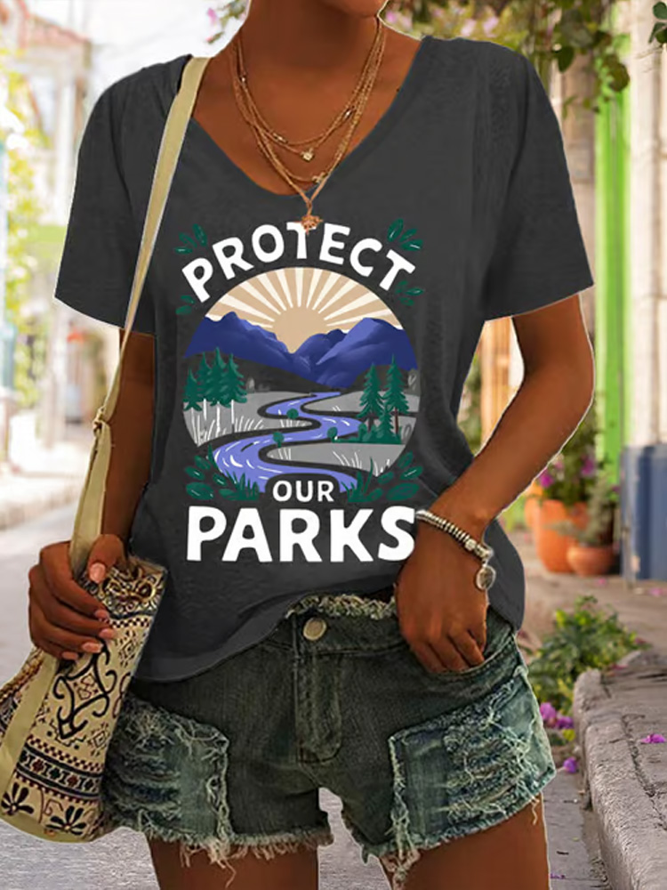 Women's Protect Our National Parks Print V Neck Casual T-shirt