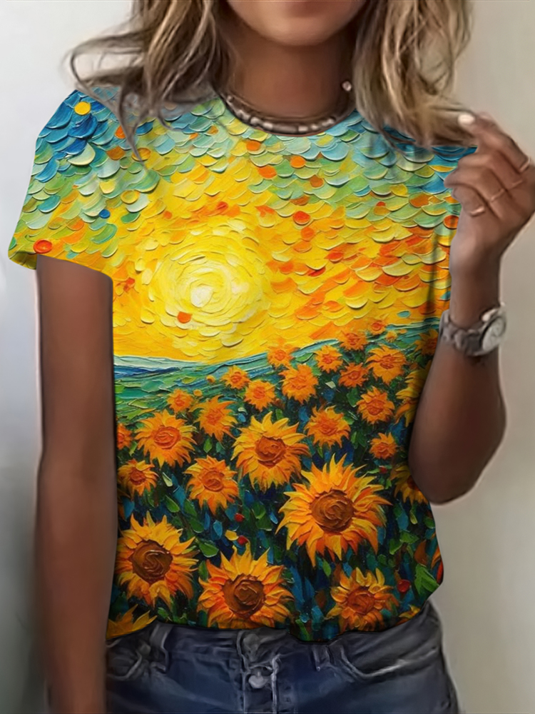 Vintage Ukrainian Sunflower Floral Print Crew Neck T-shirt