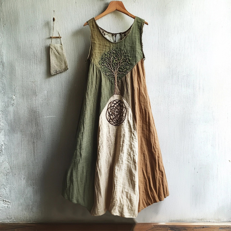 Vintage Viking Tree Of Life Embroidered Linen Dress