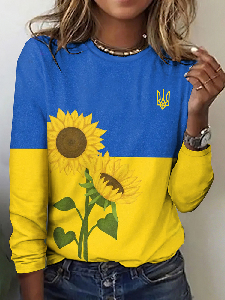 Women's Peace For Ukraine Sunflower Round Collar T-shirt