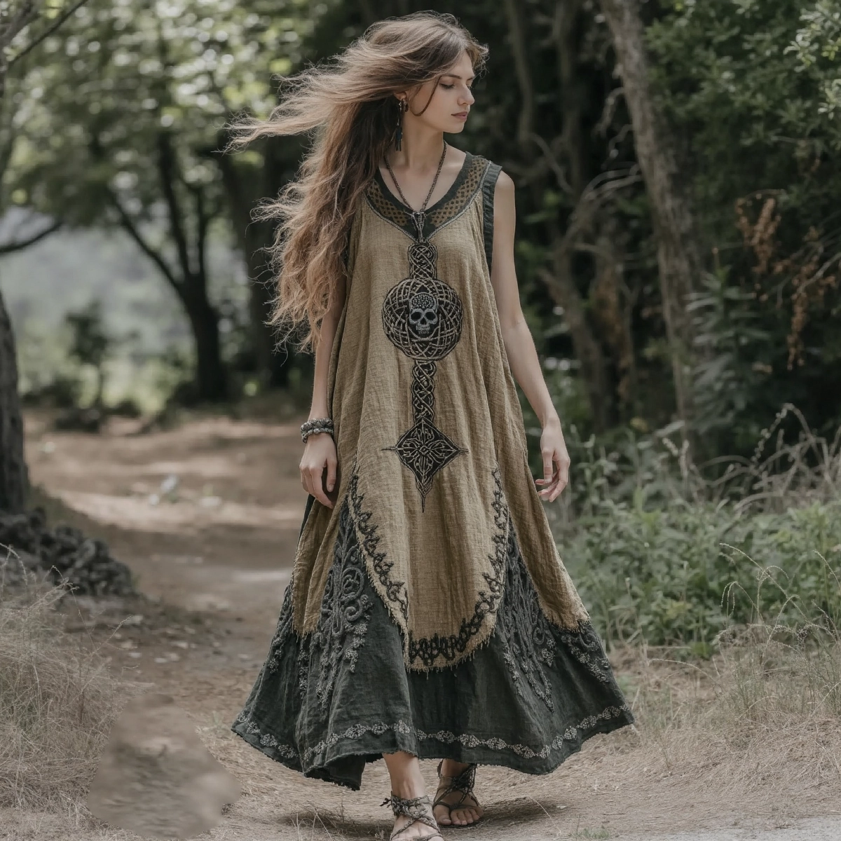 Vintage Tribal Viking Celtic Knot Linen Blend Tank Midi Dress