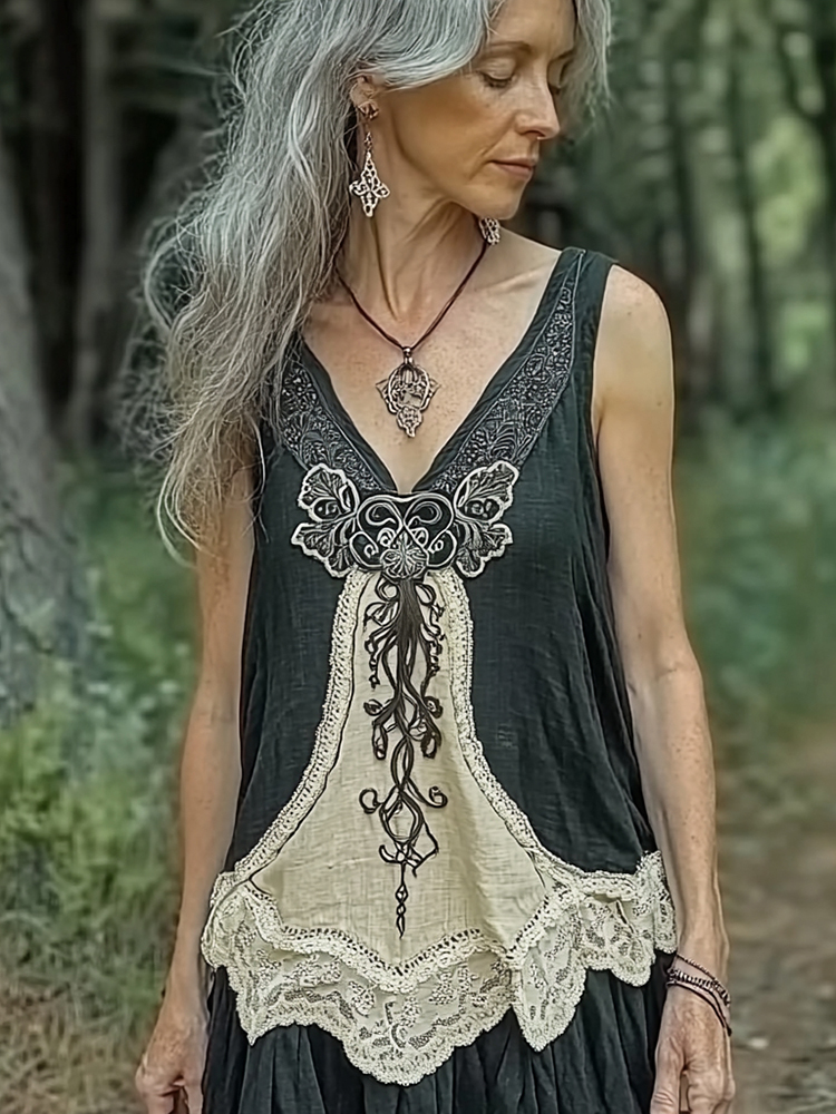 Vintage Women's Viking Tree Of Life Lace Linen Dress