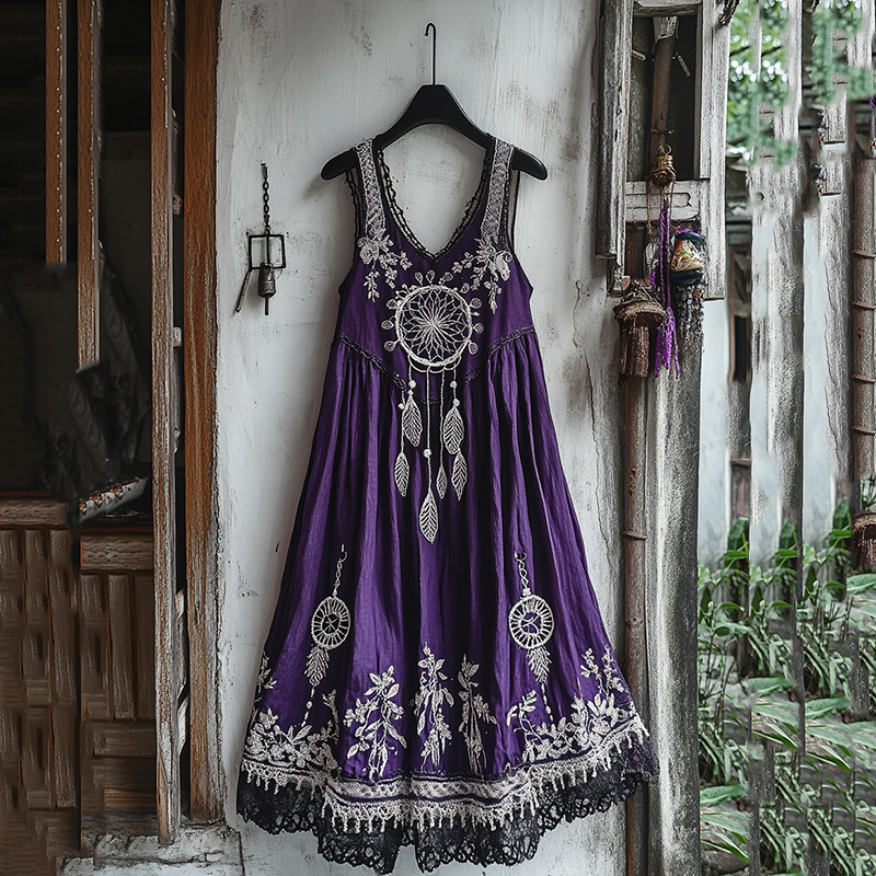 Women's Dreamcatcher Embroidered Flowy Linen Tank Dress