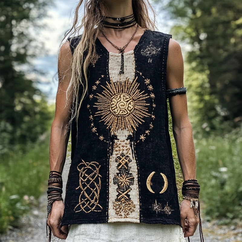 Mystical Viking Embroidered Vintage Linen Tank Top