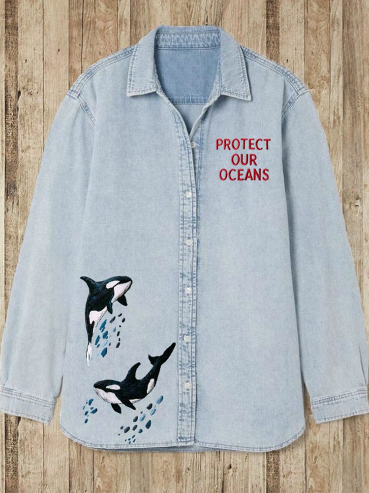 Protect Our Oceans Whales Embroidered Denim Blouse