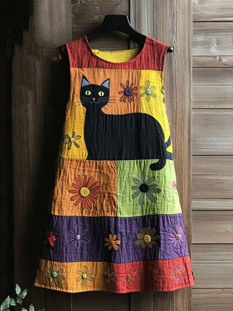 Vintage Black Cat Peeking With Floral Color Block Art Linen Tank Dress