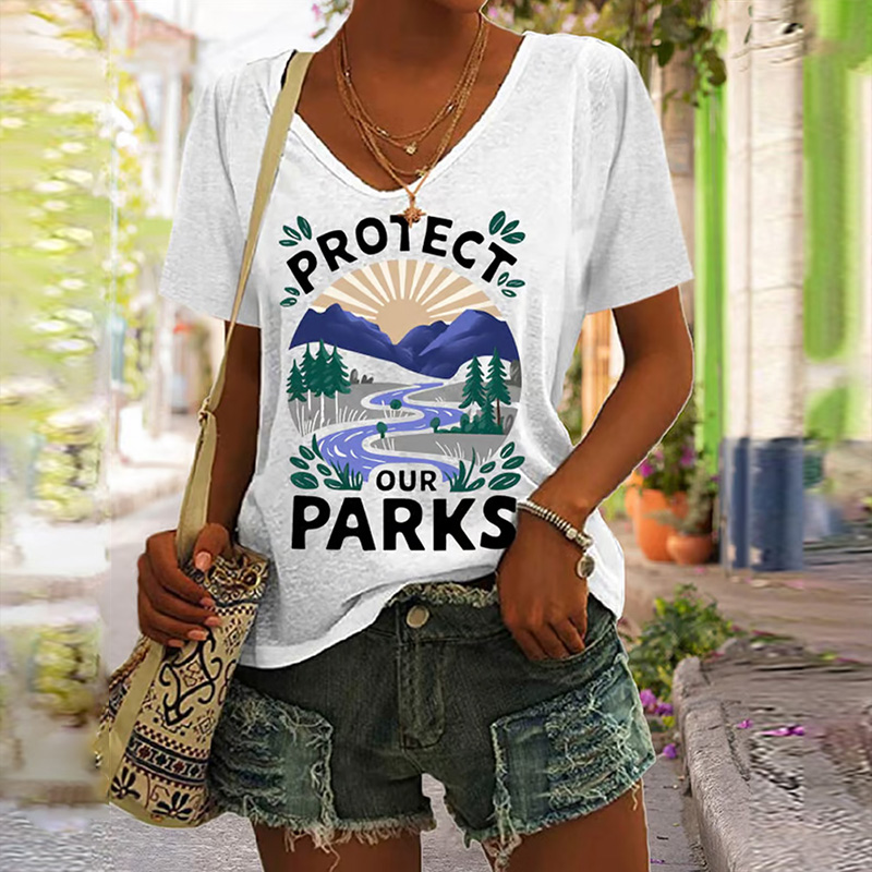 Women's Protect Our National Parks Print V Neck Casual T-shirt