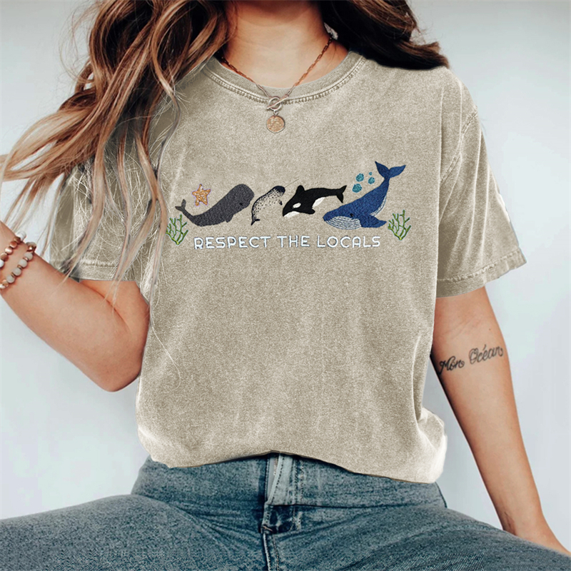 Respect The Locals Whales Embroidered Vintage Washed T Shirt