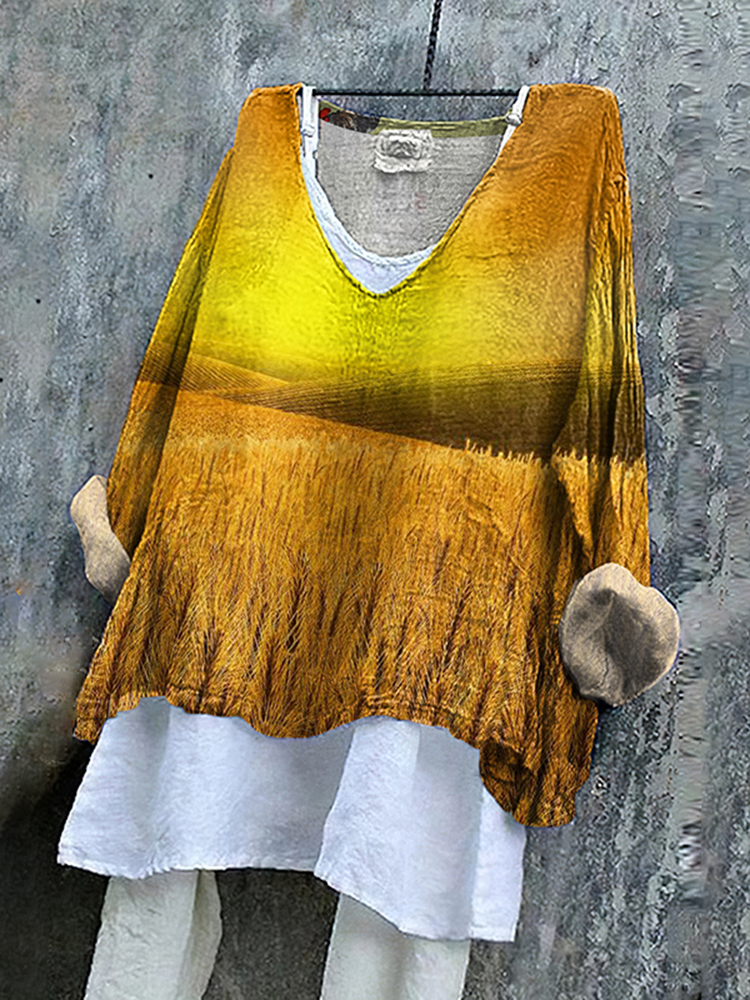 Women's Sunset Wheat Print Linen V-neck Shirt