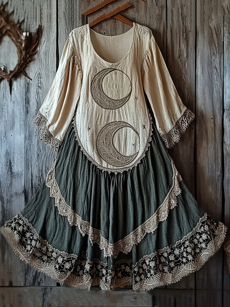 Women's Retro Tribal Star And Moon Splicing Lace Cotton And Linen Long Sleeve Dress