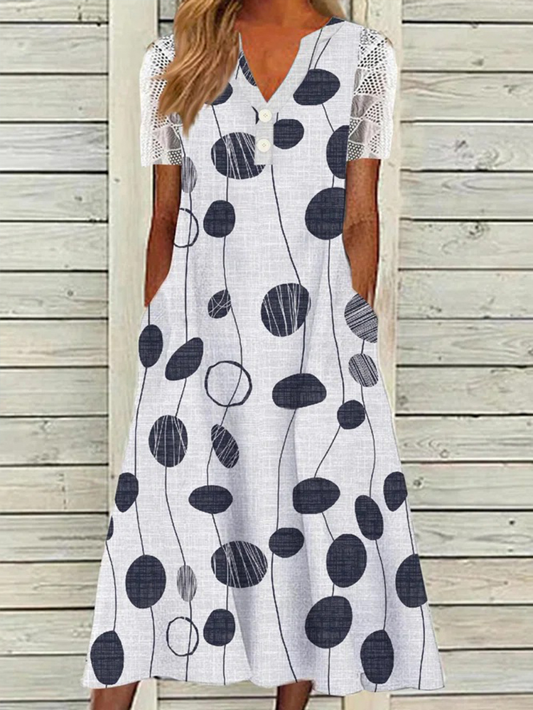 Geometric Lines Lace Patchwork Sleeve Midi Dress