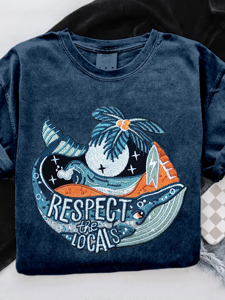 Respect The Locals Ocean Whale Embroidered Cozy T Shirt
