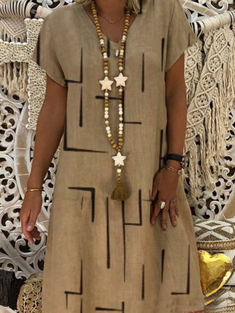 Geometric Pattern V Neck A Line Midi Dress