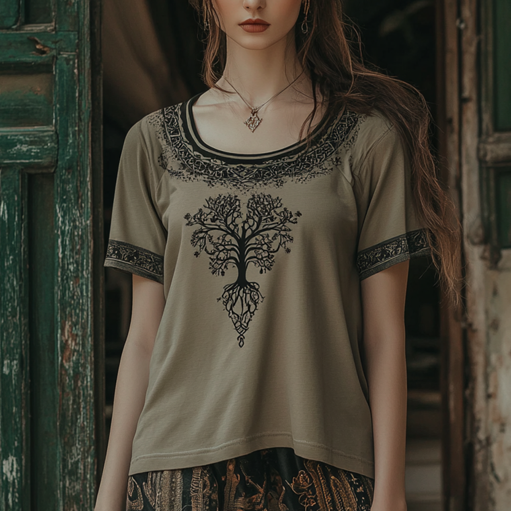 Vintage Tribal Tree Of Life Print Crew Neck T-shirt