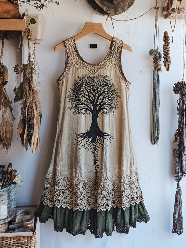 Viking Tree Of Life Lace Art Linen Tank Dress
