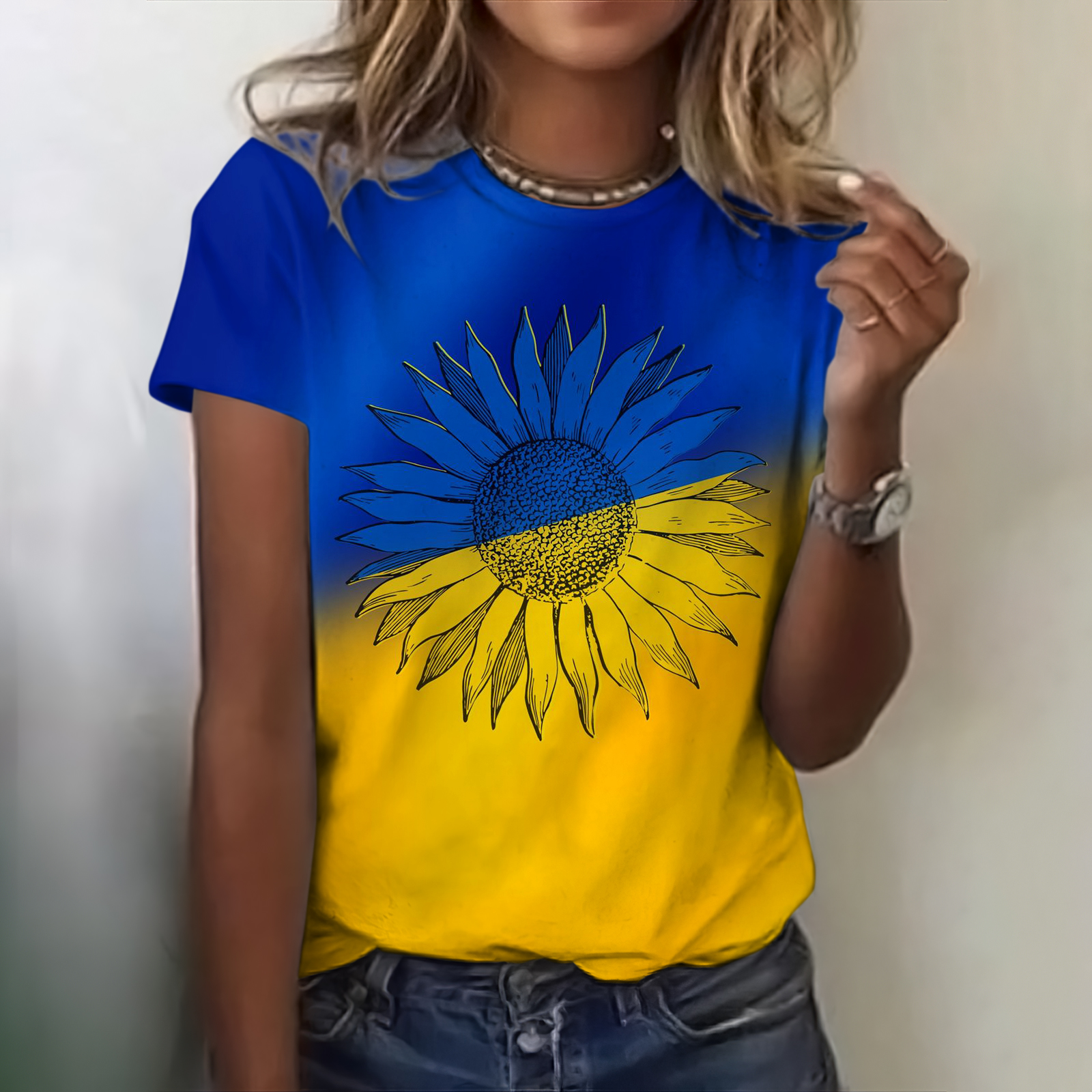 Women's We Stand Together Stop Ukr War Art Print Round Neck T-shirt