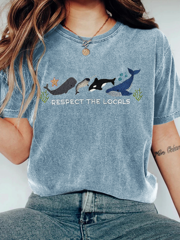 Respect The Locals Whales Embroidered Vintage Washed T Shirt