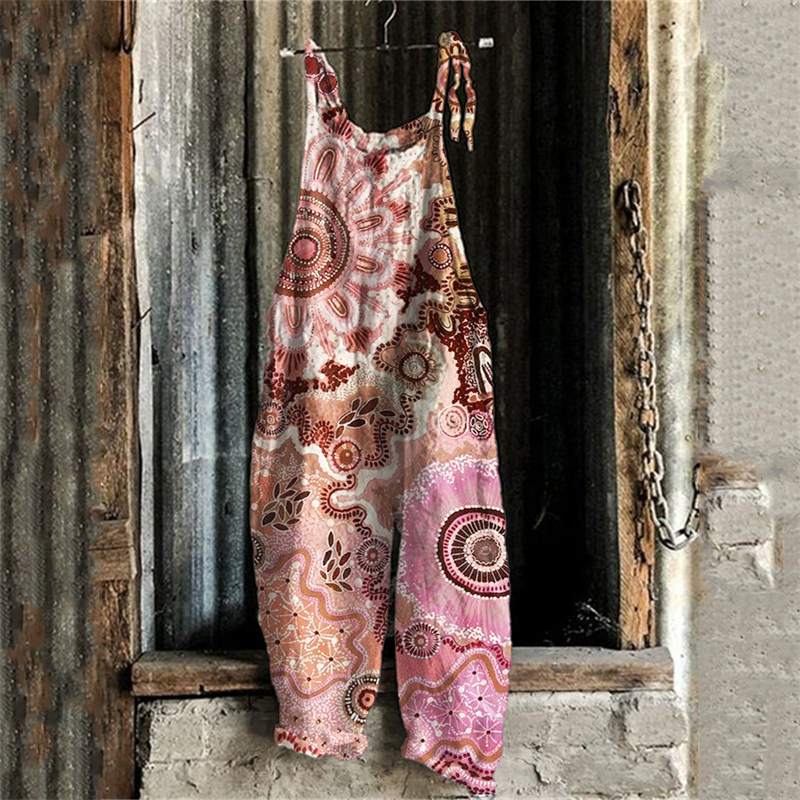 Boho Floral Ethnic Art Linen Blend Jumpsuit