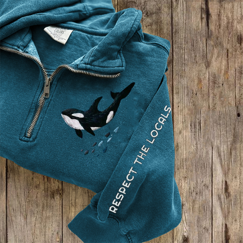 Respect The Locals Killer Whale Embroidered Zip Up Sweatshirt