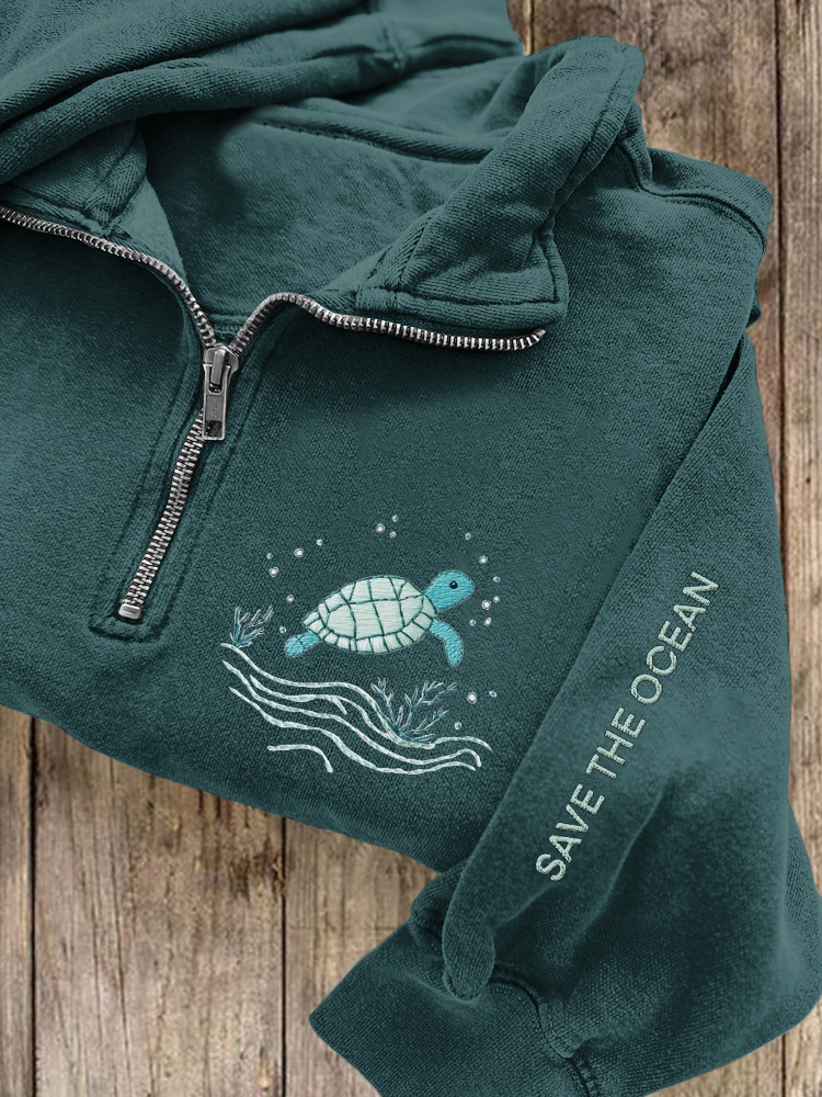 Save The Ocean Sea Turtles Embroidered Zip Up Sweatshirt