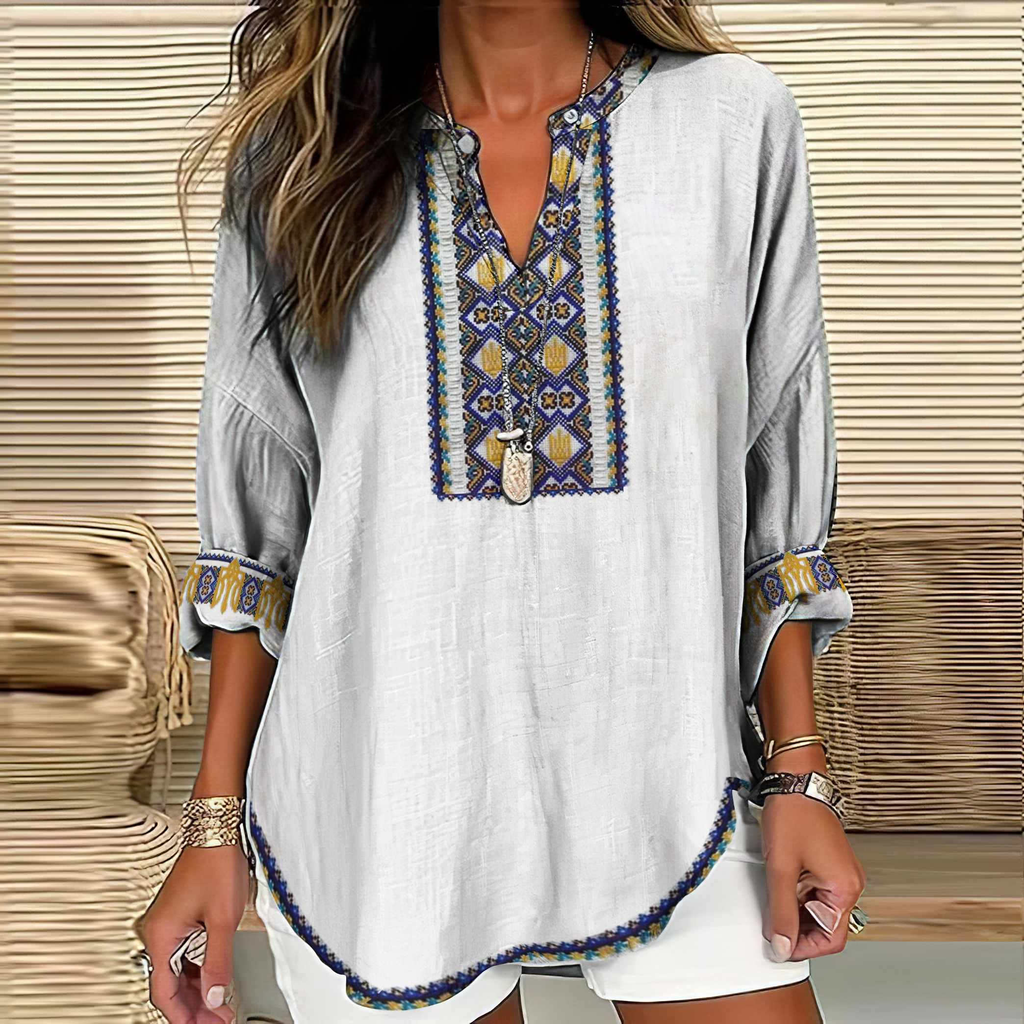 Women's Ukrainian Trident Embroidered Linen V-neck Shirt