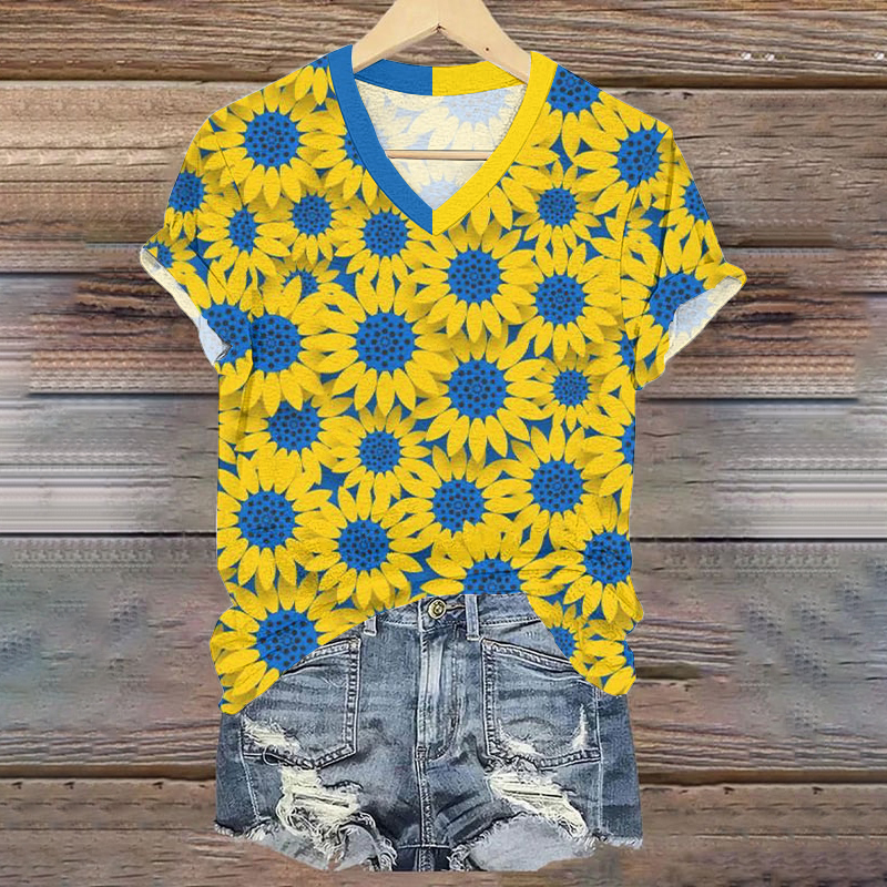 Women's Stand With Ukraine Sunflower V-neck T-shirt