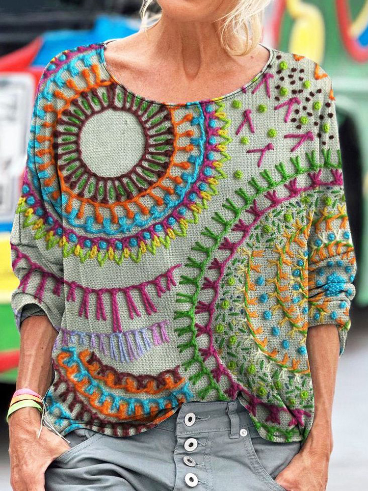 Floral Stitch Embroidery Pattern Women's Linen Long Sleeve T-shirt