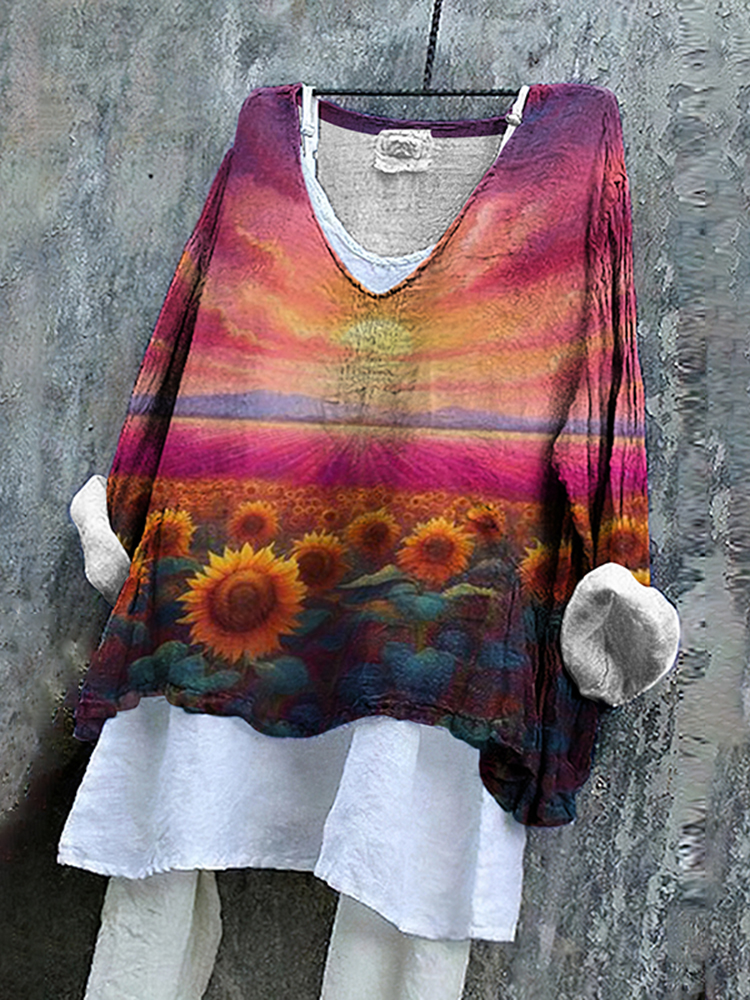 Pray For Ukraine Sunflower Print Women's Linen Shirt