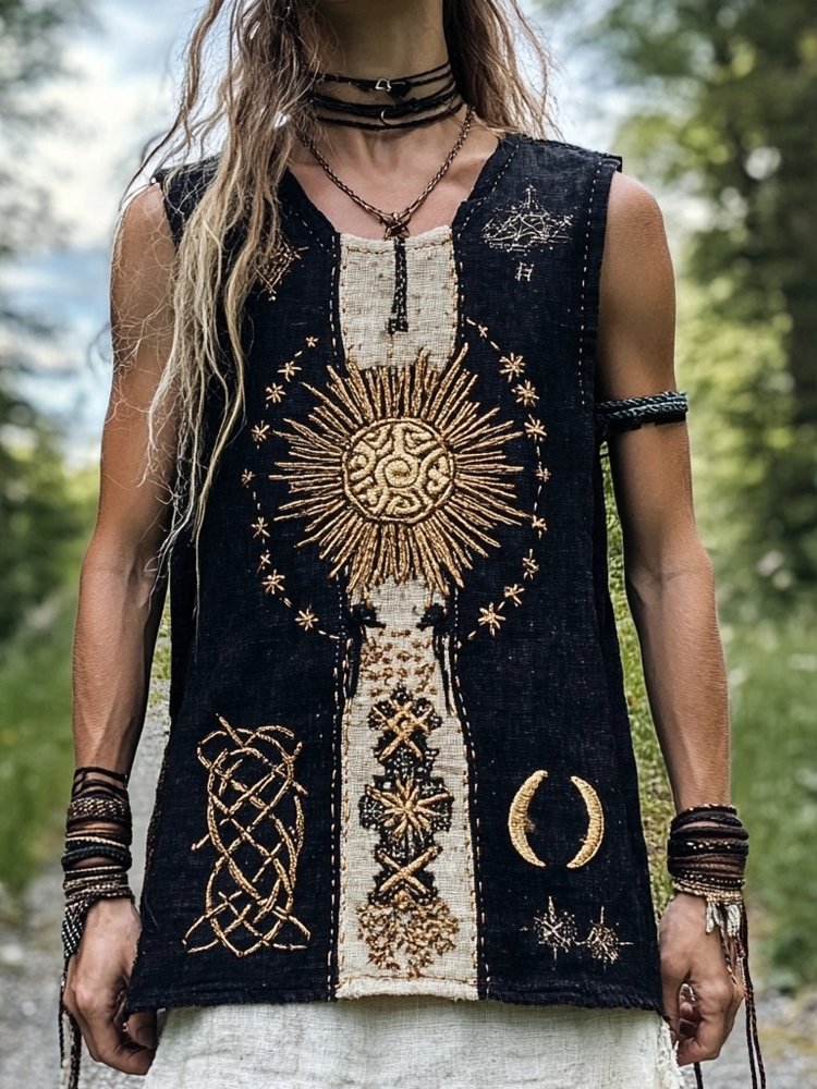 Mystical Viking Embroidered Vintage Linen Tank Top